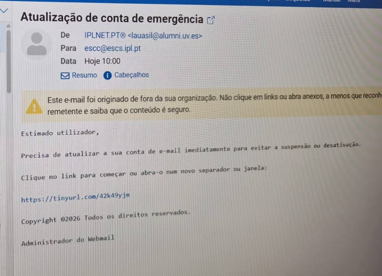 Exemplo de mensagem maliciosa recebida