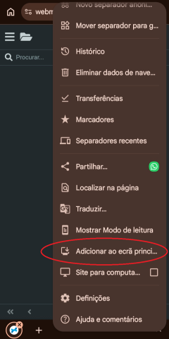 Selecione a opção Adicionar ao ecrã principal