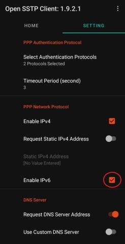Manter Enable IPv4, Request DNS Server Address e selecionar Enable IPv6